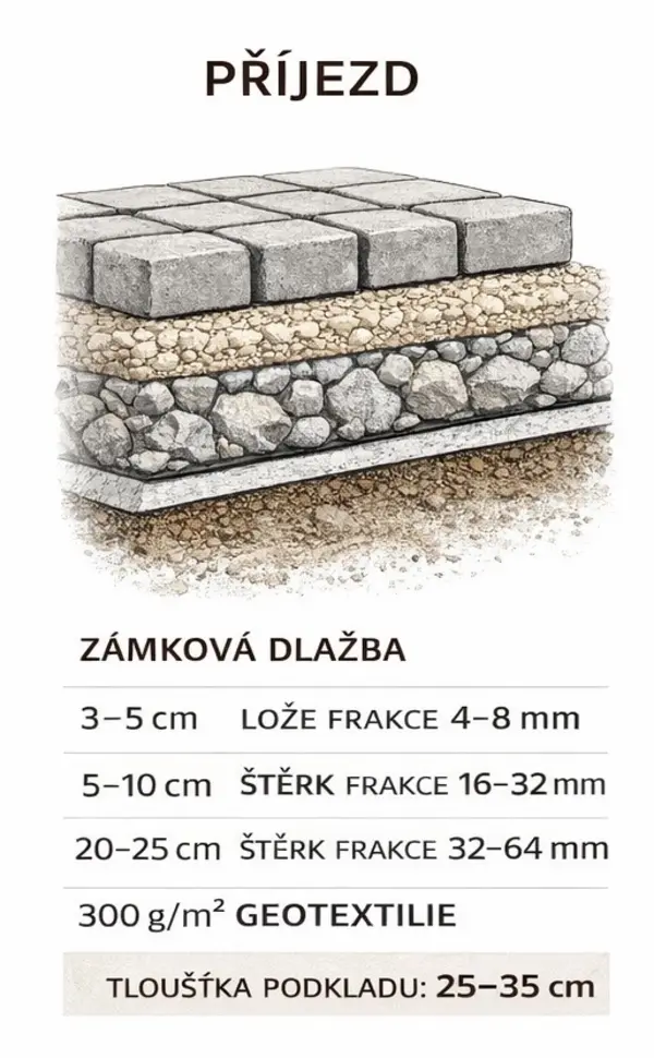Skladba vrstev pod zámkovou dlažbu – příjezdová cesta